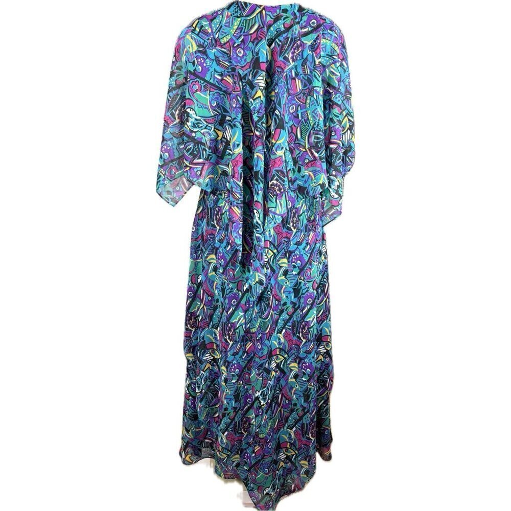 Vicky Tiel M Teal Abstract Peacock V-Neck Layers Lined Zip 1/2 Sleeve Maxi Dress - Picture 4 of 6